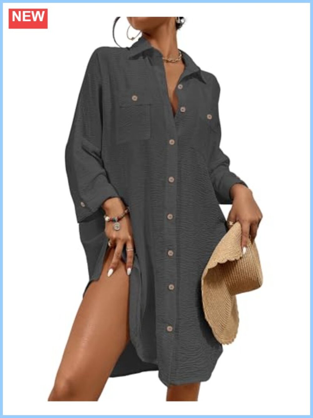 Women's Button Down 3/4 Sleeve Beach Cover Up Shirt Loose Tunic